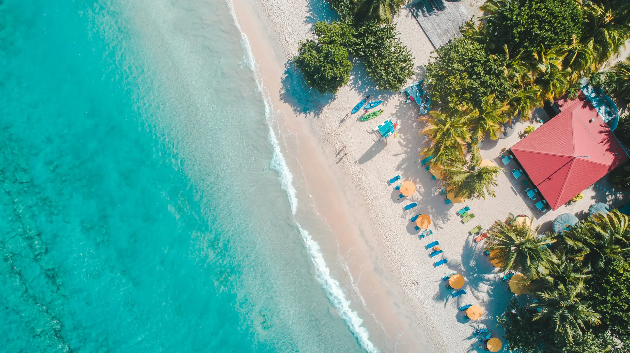 Aerial view of a tropical beach and turquoise water in daytime